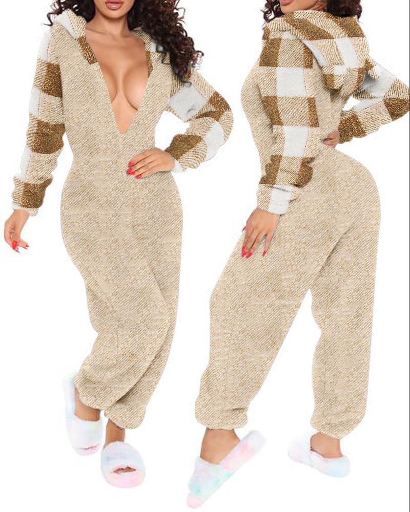 

Plaid Print Zip Front Hooded Fluffy Adult Onesie, Coffee