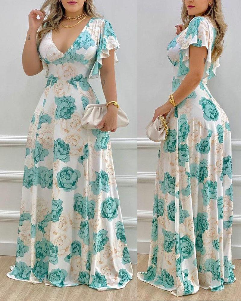 

Floral Print V-Neck Bell Sleeve Maxi Dress, Blue