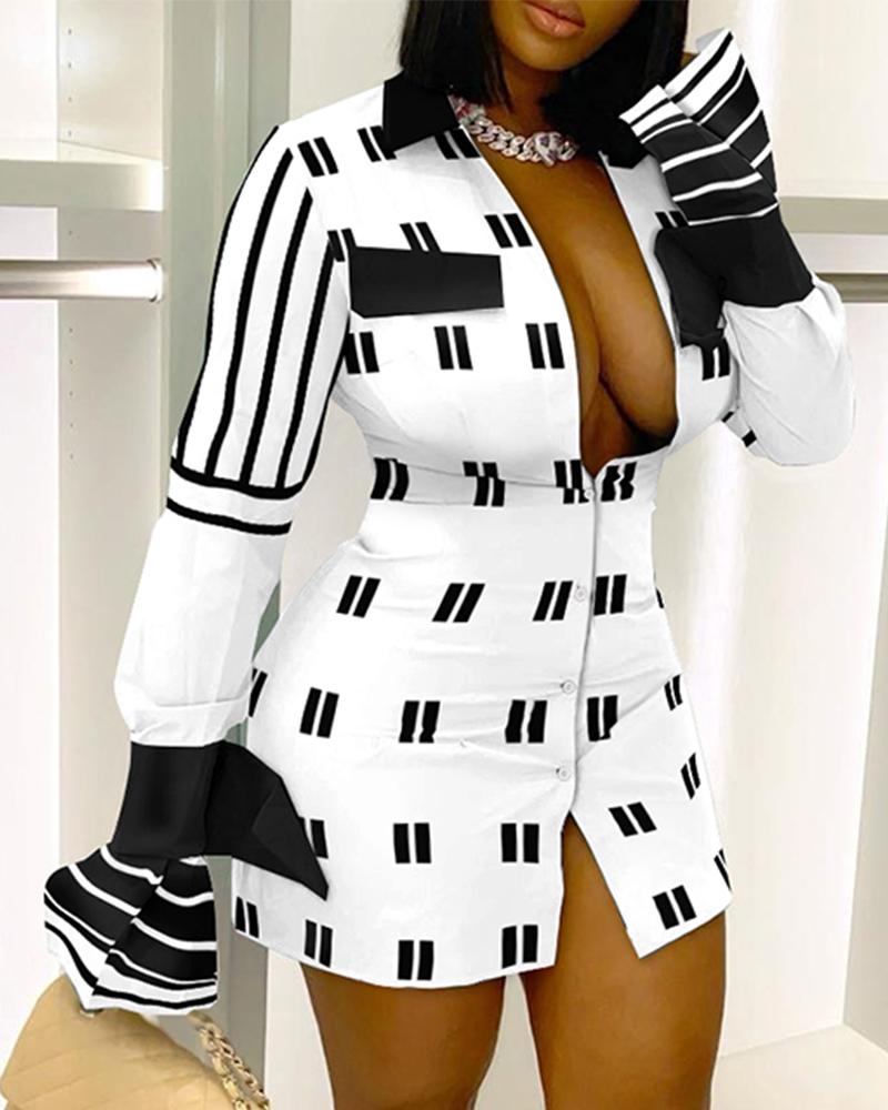 

Geometric Print Long Sleeve Button Down Shirt Dress, Blackwhite
