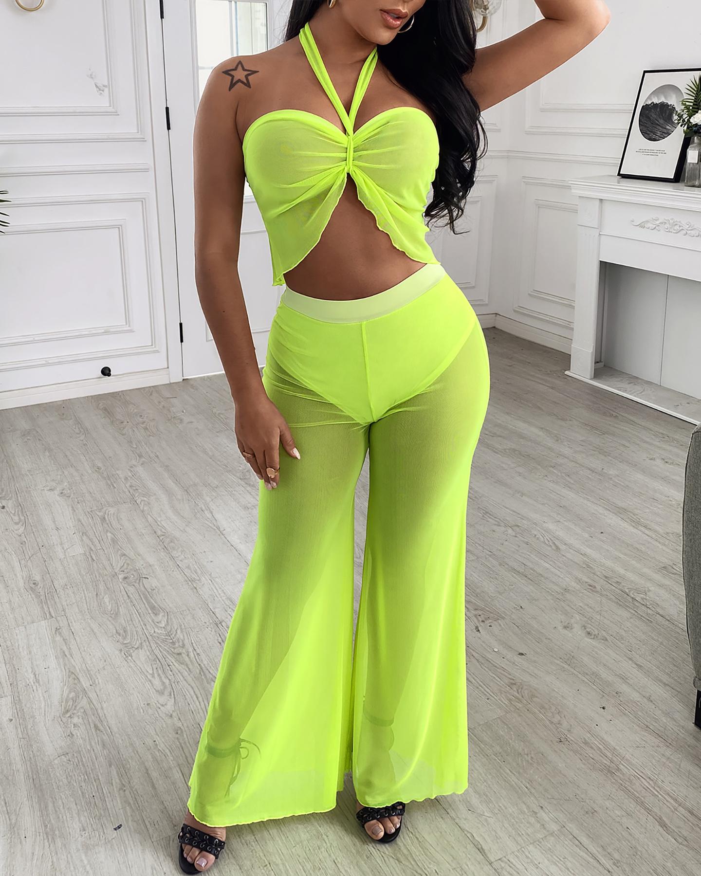 

Halter Frill Hem Crop Top & Pants Set, Yellow