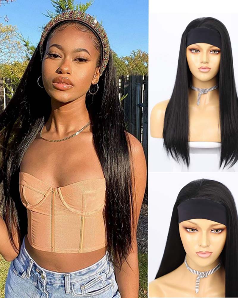

24 Inches Straight Headband Wigs Glueless None Lace Front Wig, Black