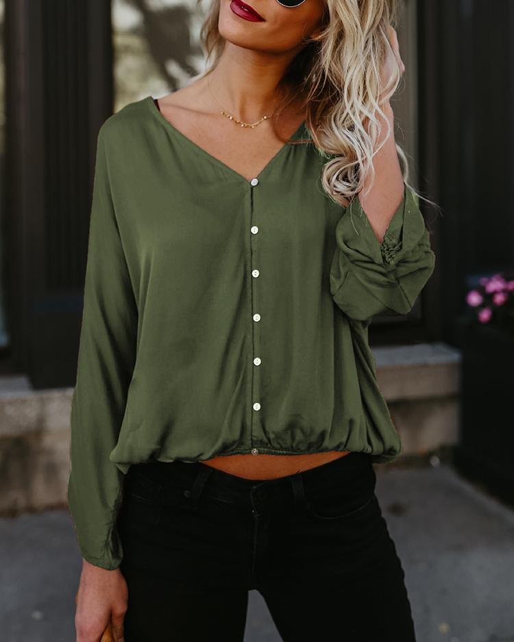 

V Neck Shirring Sleeve Buttoned Blouse, Green
