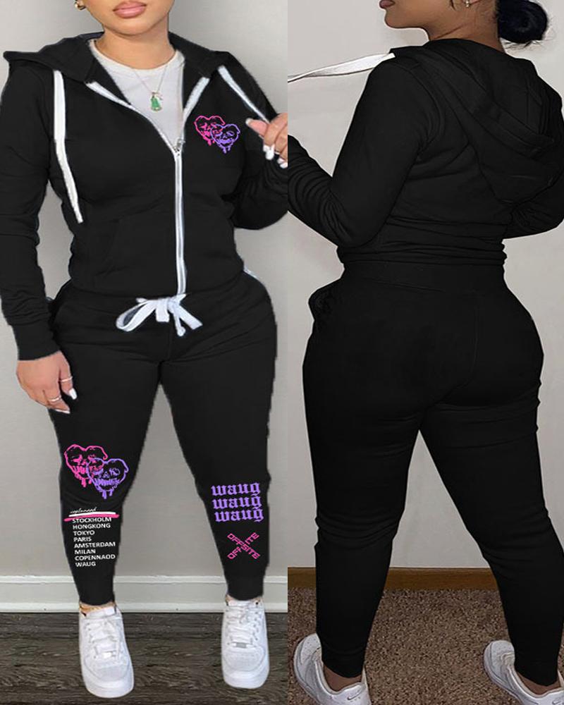 

Plus Size Letter Heart Print Hooded Zip Up Top & Pants Set, Black