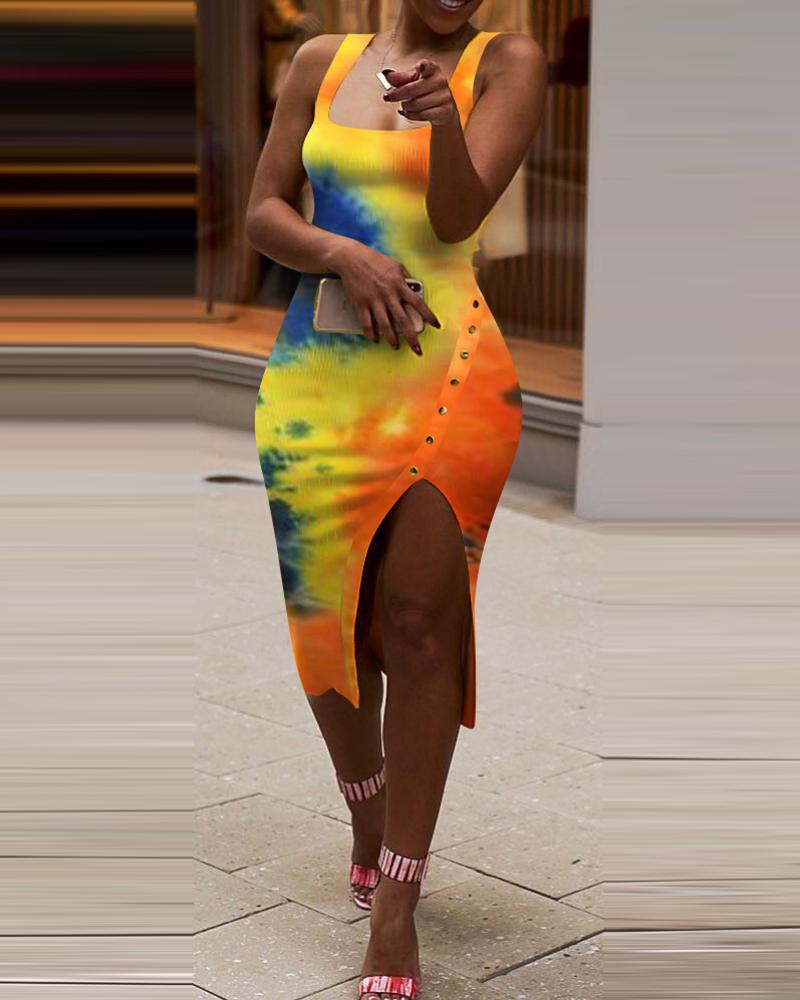 

Rivet Decor Tie Dye Print Slit Thick Strap Dress, Yellow