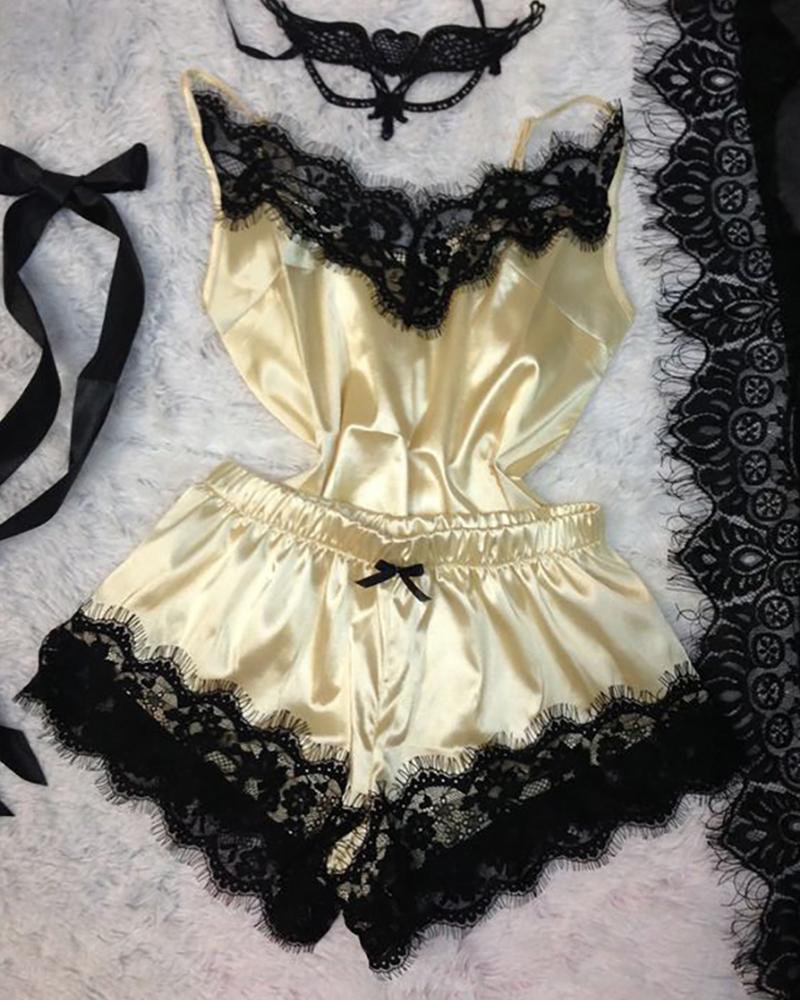 

Plus Size Lace Trim Bowknot Satin Cami Set, Yellow