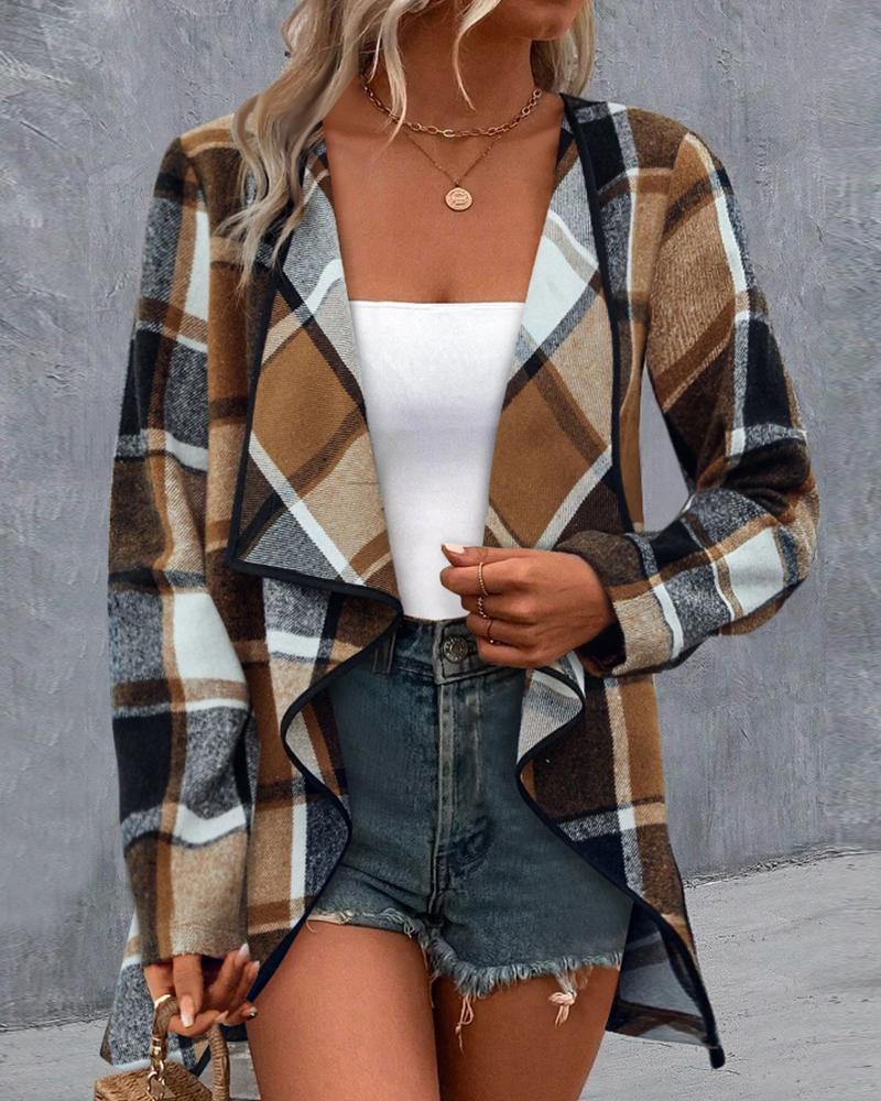 

Plaid Print Open Front Roll Up Sleeve Coat, Brown