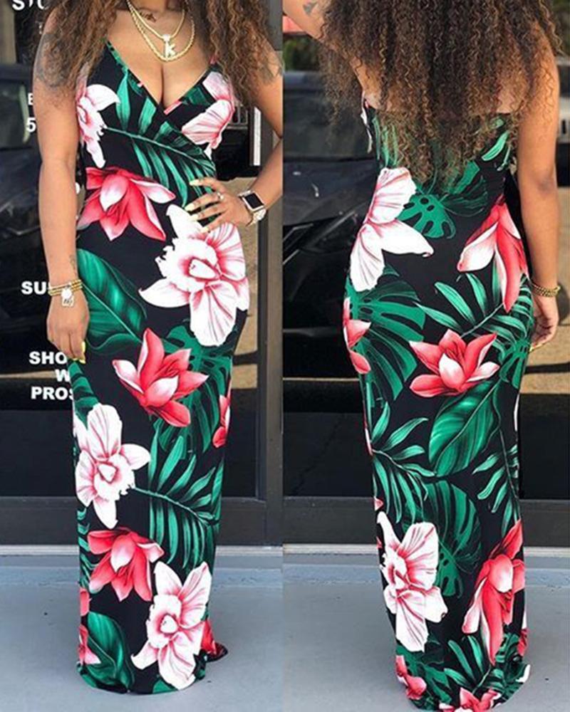 

Floral Print Sling Maxi Dress, Pink