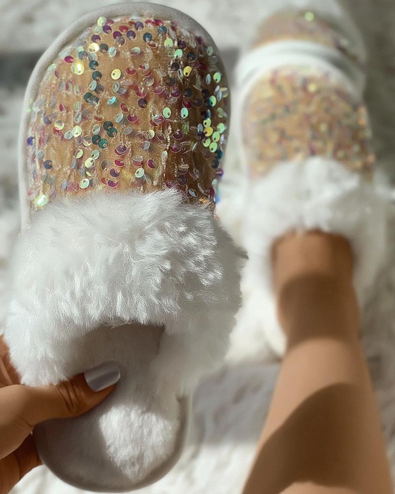 

Contrast Sequin Fuzzy Trim Slippers, Yellow