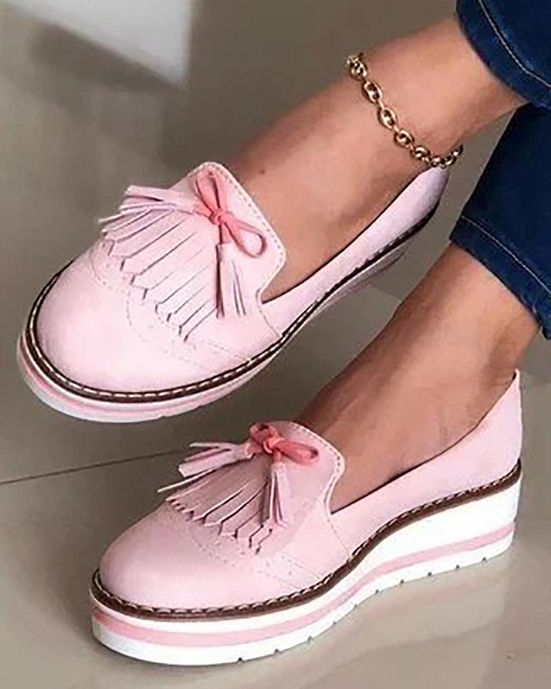 

Bowknot Tassel Design Slip On Muffin Loafers, Pink