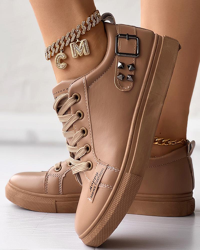 

Studded Lace-up Buckled Casual Sneakers, Brown