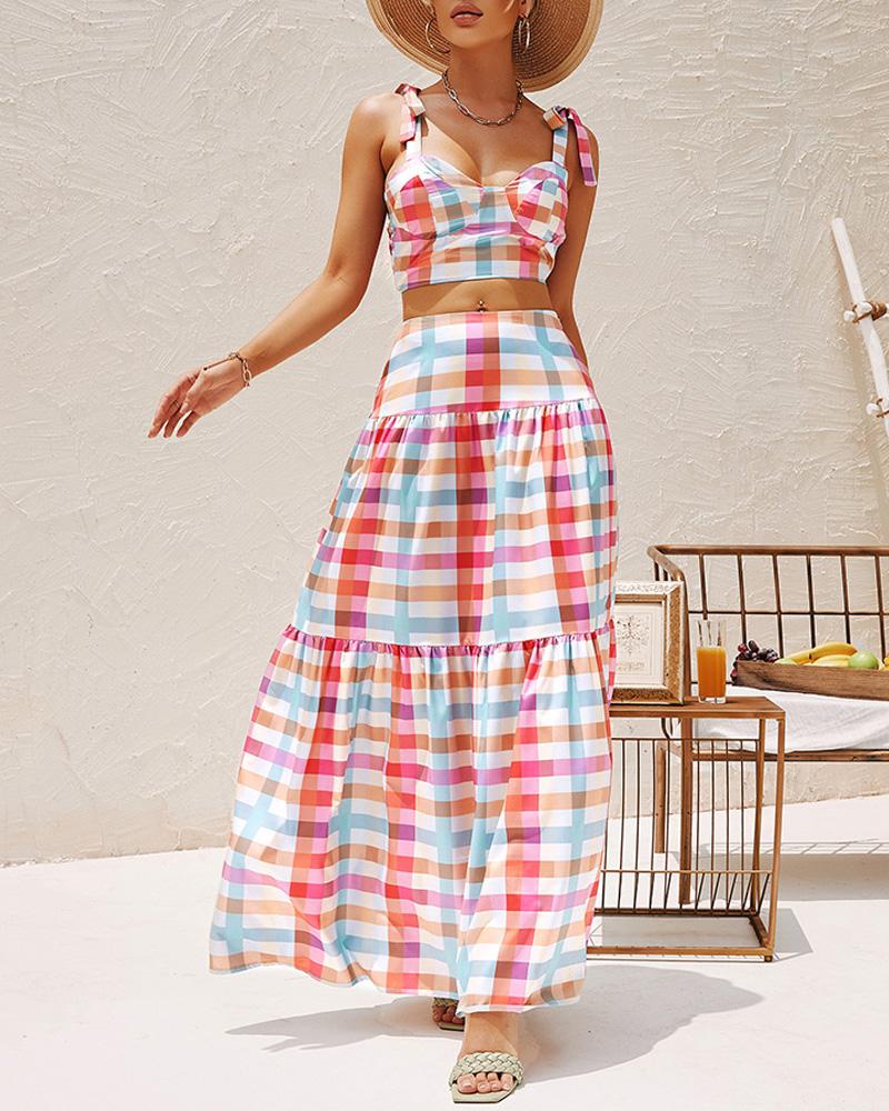 

Plaid Print Tied Detail Crop Top & Skirt Set, Multicolor