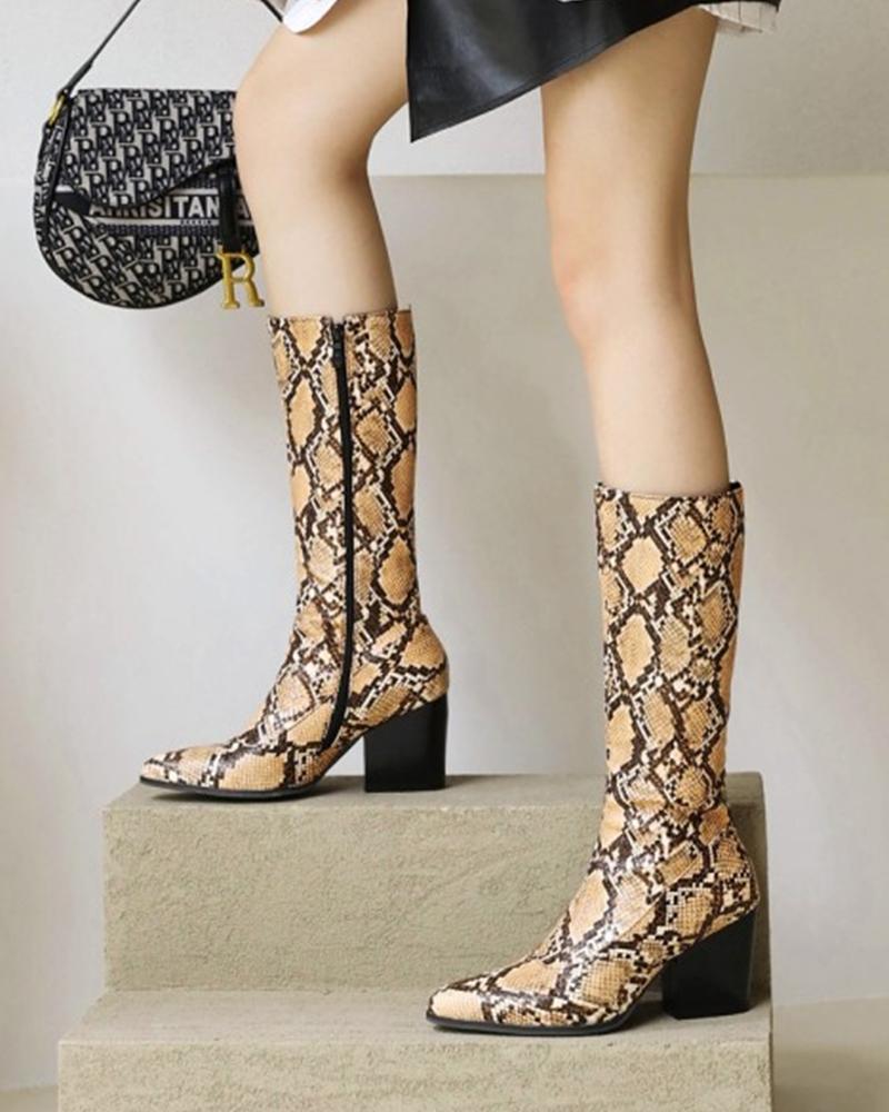 

Pointed-toe Snakeskin Print Long Boots, Brown