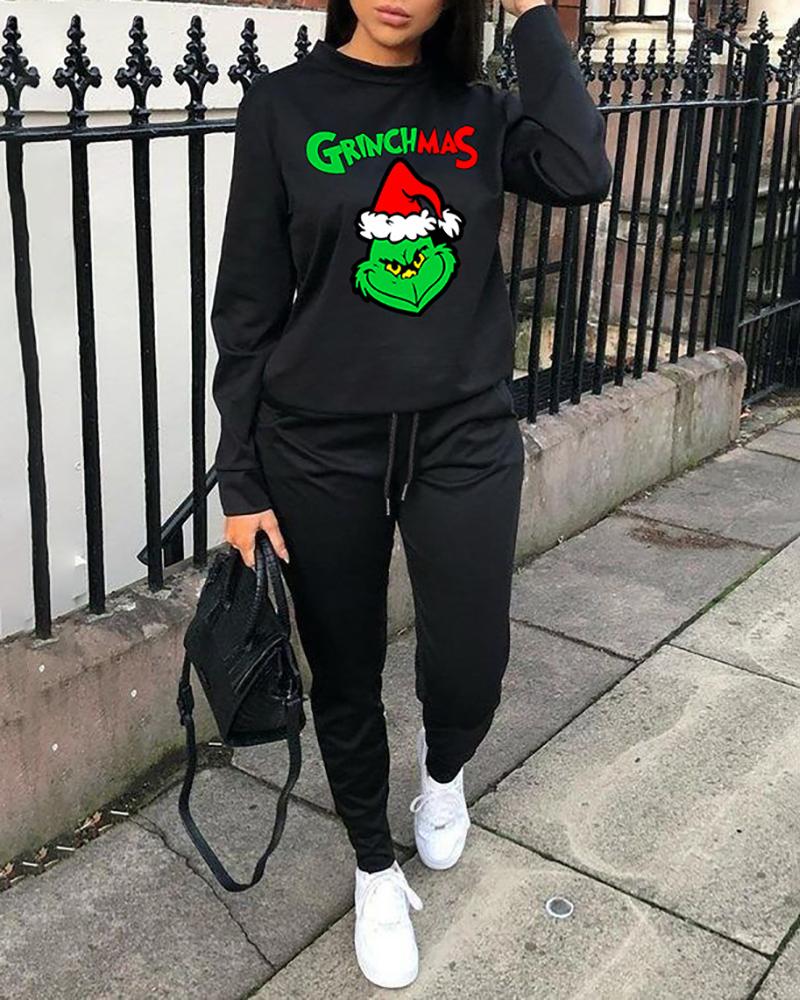 

Christmas Grinches Letter Print Sweatshirt & Drawstring Pants Set, Black