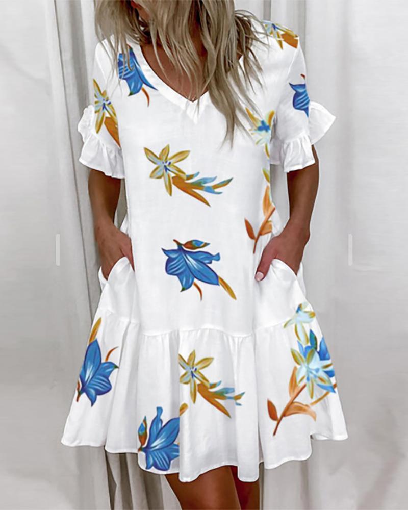

Floral Print Pocket Design Ruffles Casual Dress, White