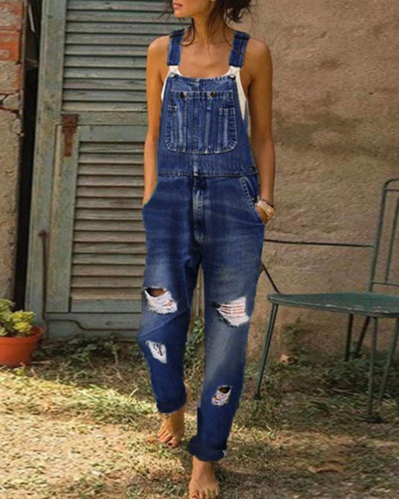 

Cutout Ripped Pocket Design Denim Overalls, Dark blue