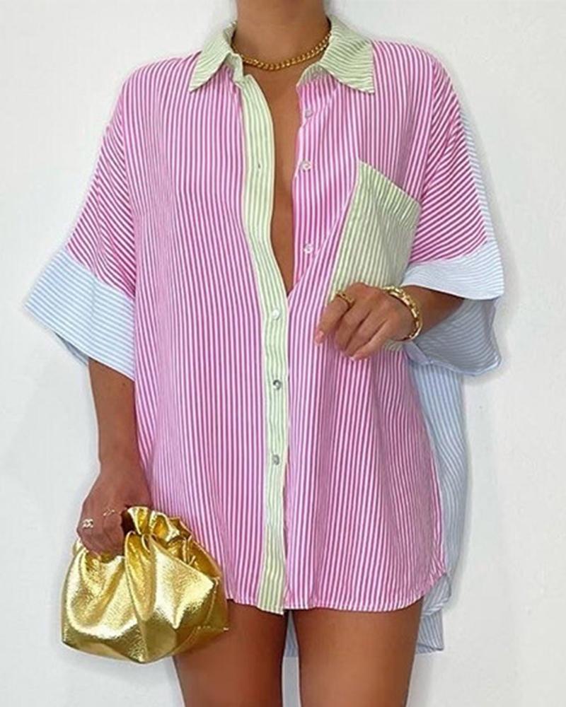 

Striped Pocket Design Buttoned Dip Hem Shirt, Pink