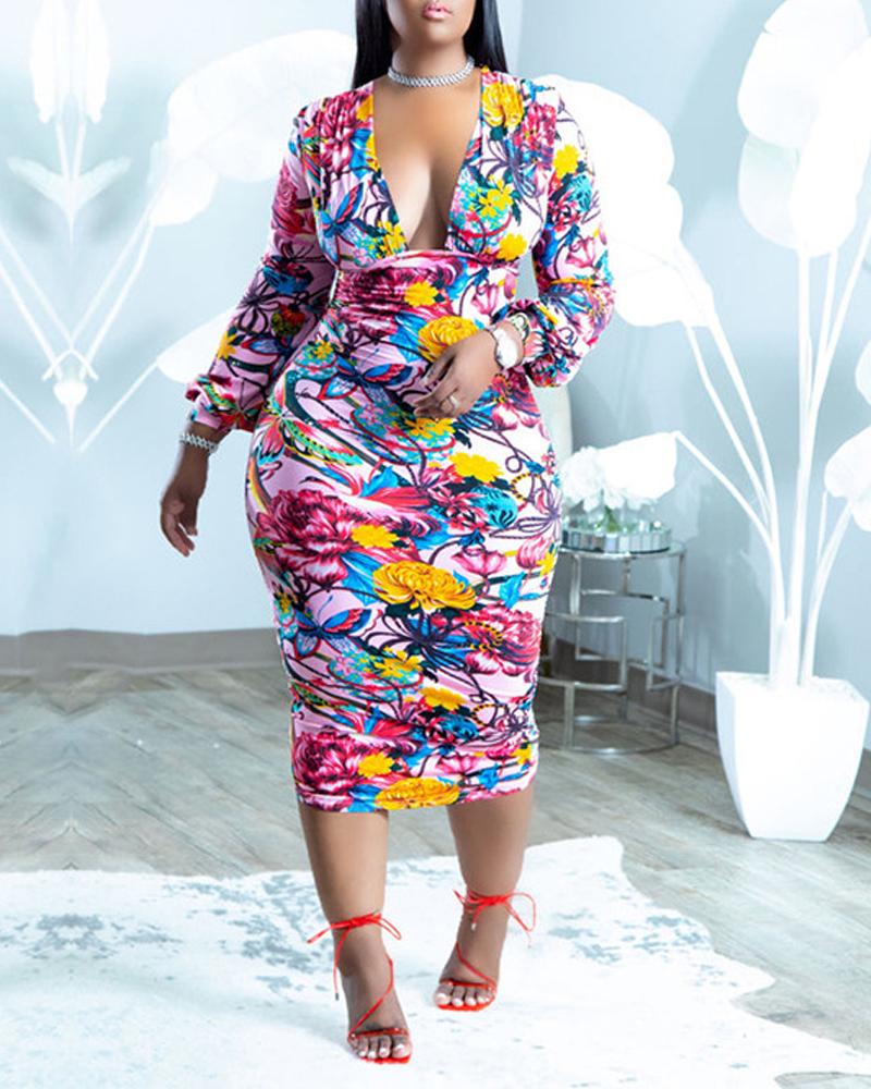 

Plus Size Floral Print Deep V-Neck Bodycon Dress, Multicolor
