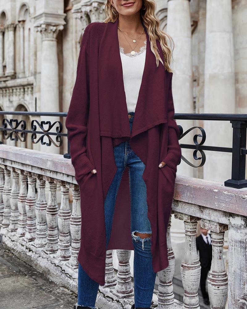 

Pocket Detail Waterfall Neck Longline Cardigan, Wine red