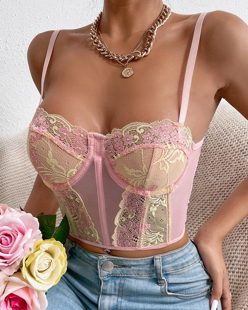 

Embroidery Floral Lace Sheer Mesh Crop Cami Top, Pink