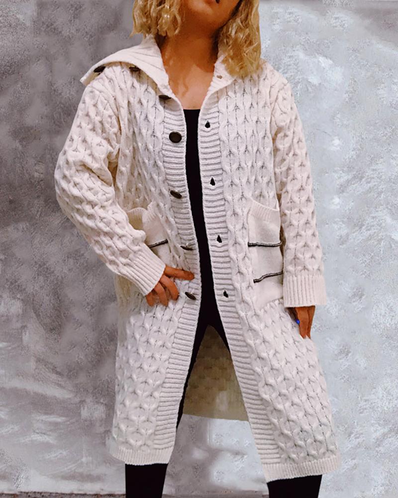 

Striped Print Buttoned Hooded Braided Cardigan, Beige