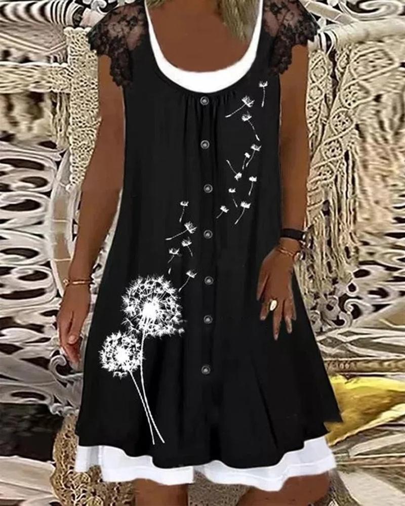 

Dandelion Print Contrast Lace Casual Dress, Black