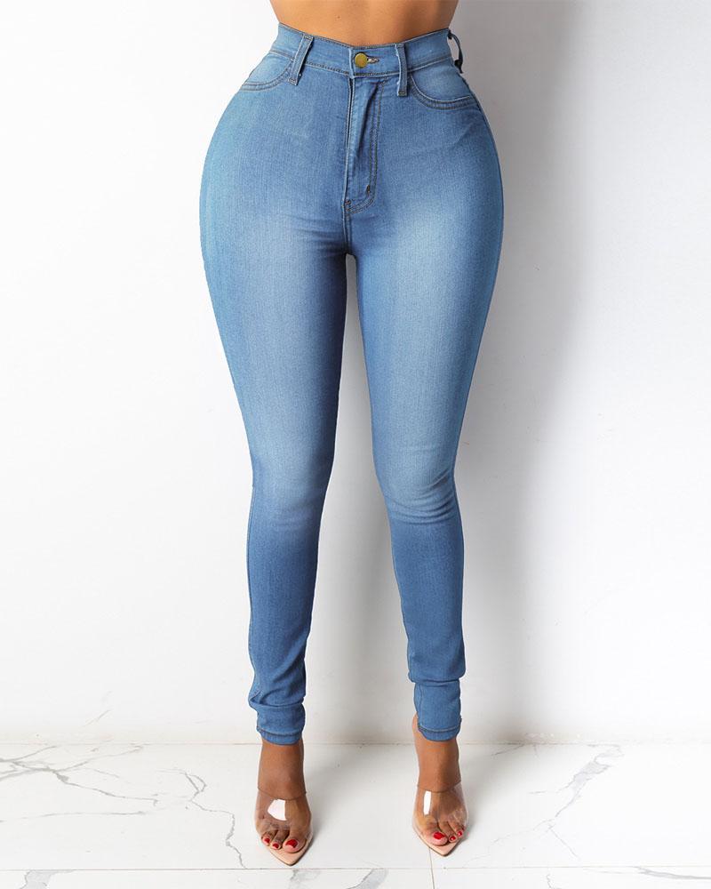 

Zipper Fly High Waist Skinny Jeans, Blue