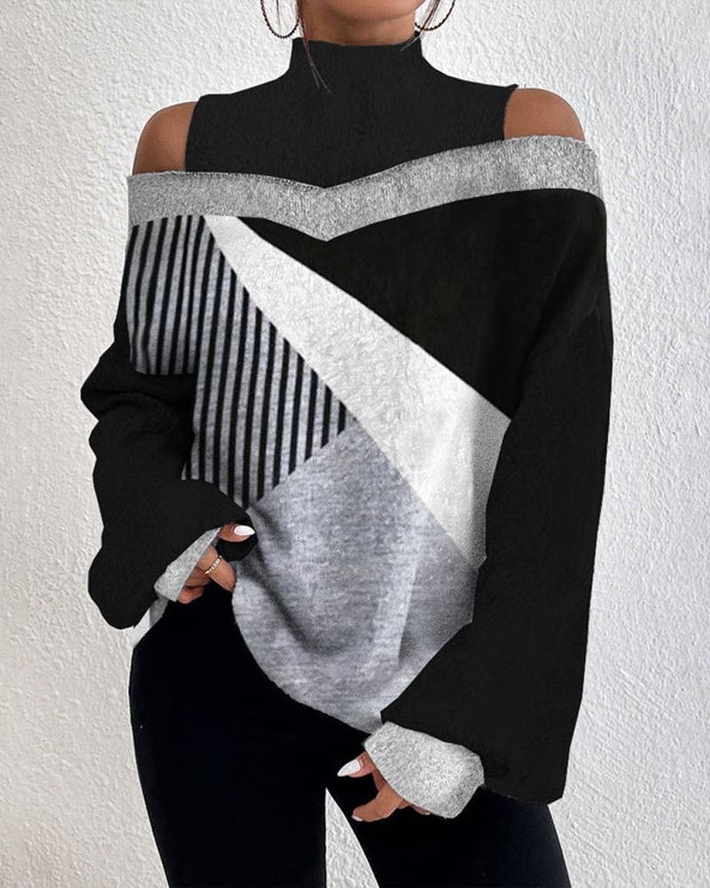 

Geometric Print Cold Shoulder Lantern Sleeve Top, Black