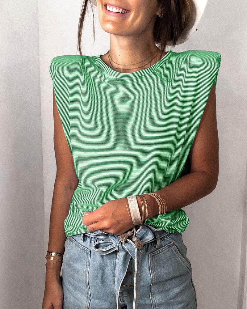 

Striped Padded Shoulder Round Neck Top, Green