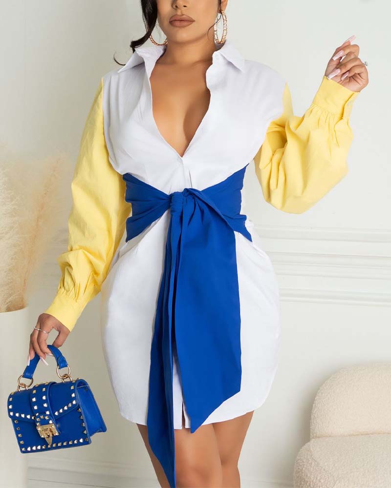 

Colorblock Leopard Print Long Sleeve Tie Detail Button Up Shirt Dress, White