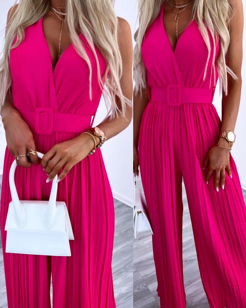 

V-Neck Wide Leg Pleated Jumpsuit, Hot pink