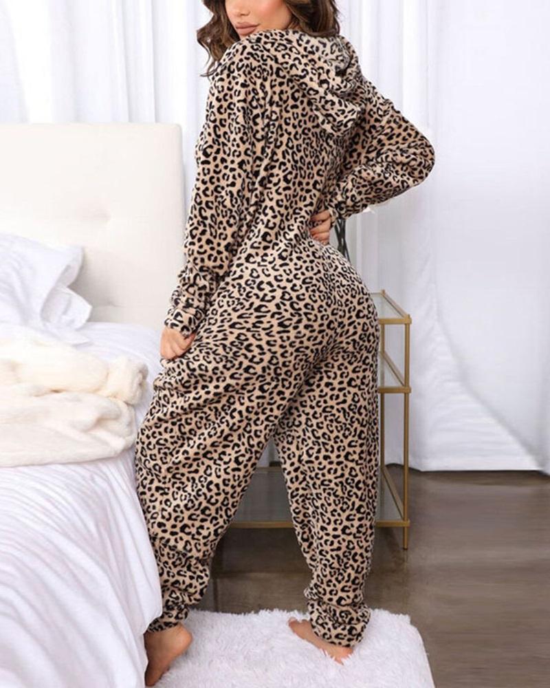 

Leopard Print Zip Front Hooded Sleep Onesie
