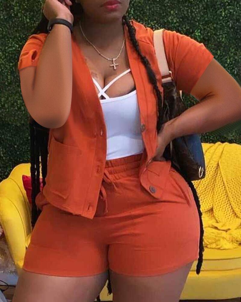 

Pocket Detail Button Front Top & Shorts Set, Orange