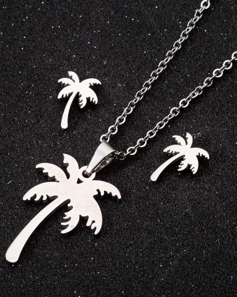 

2pcs Coconut Tree Shaped Pendant Necklace & Earrings Jewelry Set, Silver