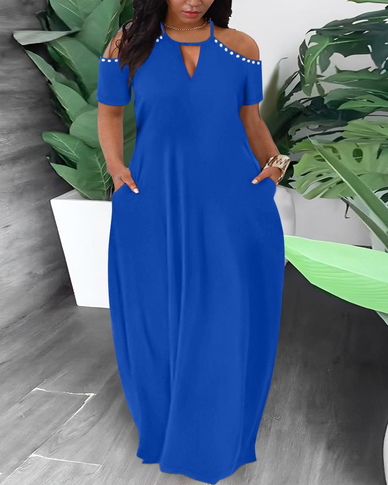 

Plus Size Cold Shoulder Pearls Decor Maxi Dress, Blue