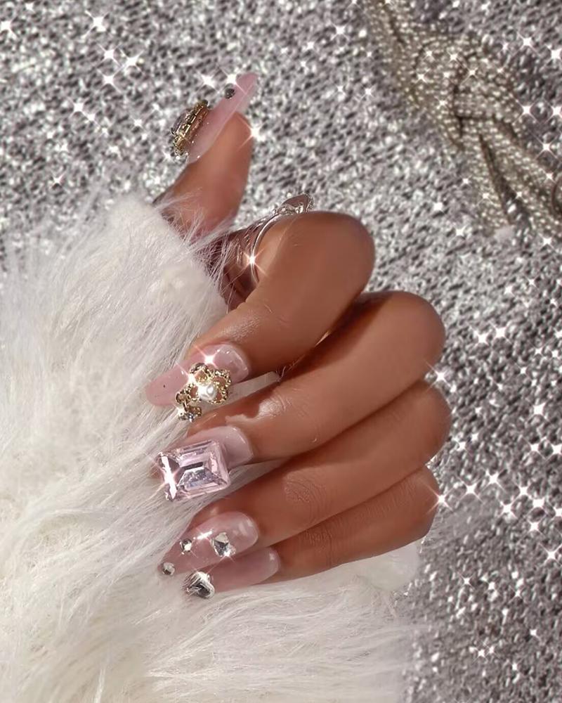 

Ongles à pression moyenne avec strass audacieux et perles roses de luxe pour fête et usage quotidien, Pink