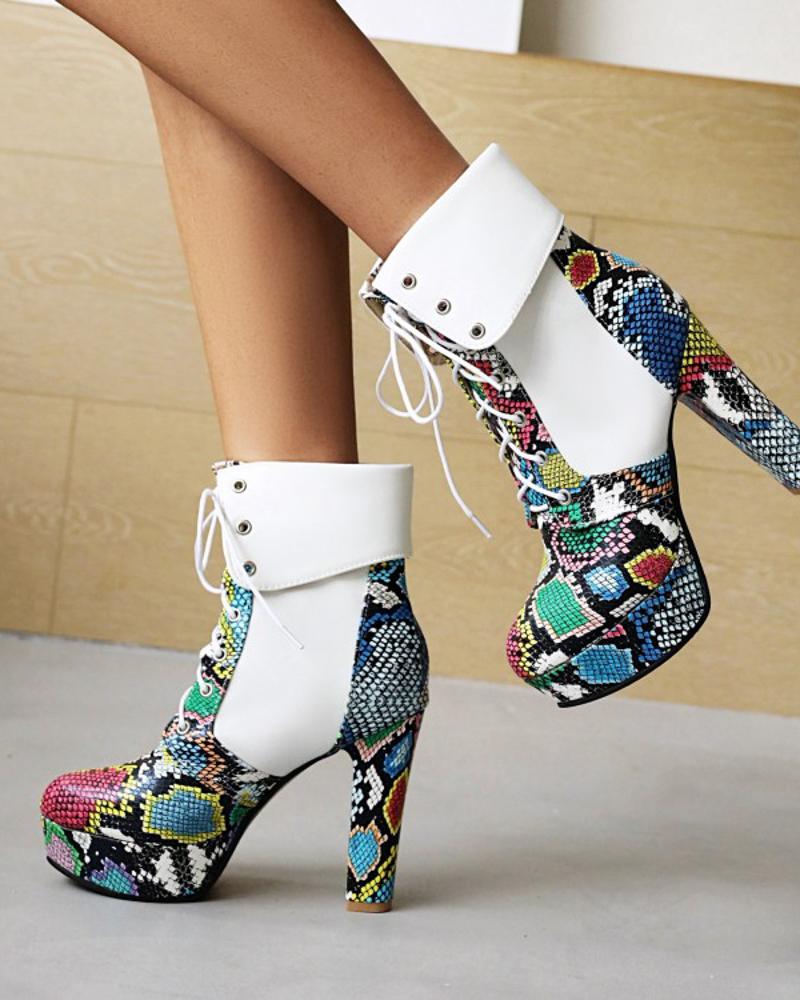 

Womens Vintage Patchwork Snakeskin Print Round Toe High Heel Boots, White
