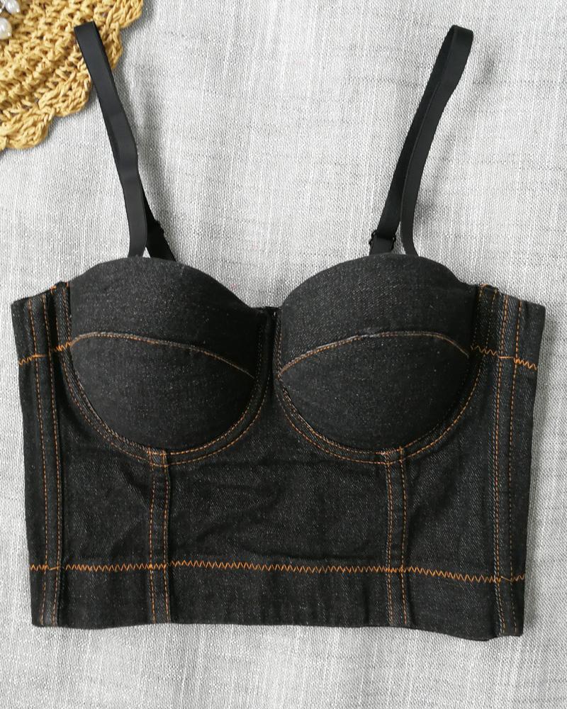 

Buckle Back Spaghetti Strap Denim Corset Top, Black