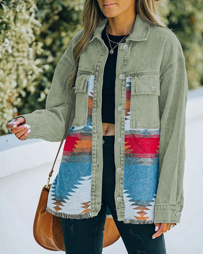 

Aztec Geometric Print Pocket Design Denim Jacket, Green