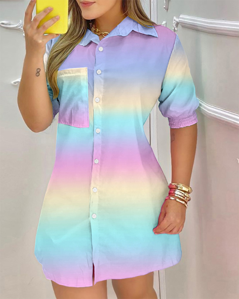 

Ombre Pocket Design Buttoned Shirt Dress, Multicolor