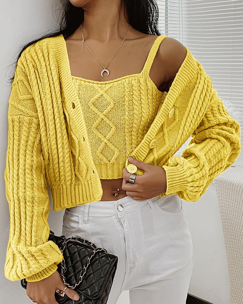 

Braided Buttoned Crop Cardigan With Cami Top, Yellow