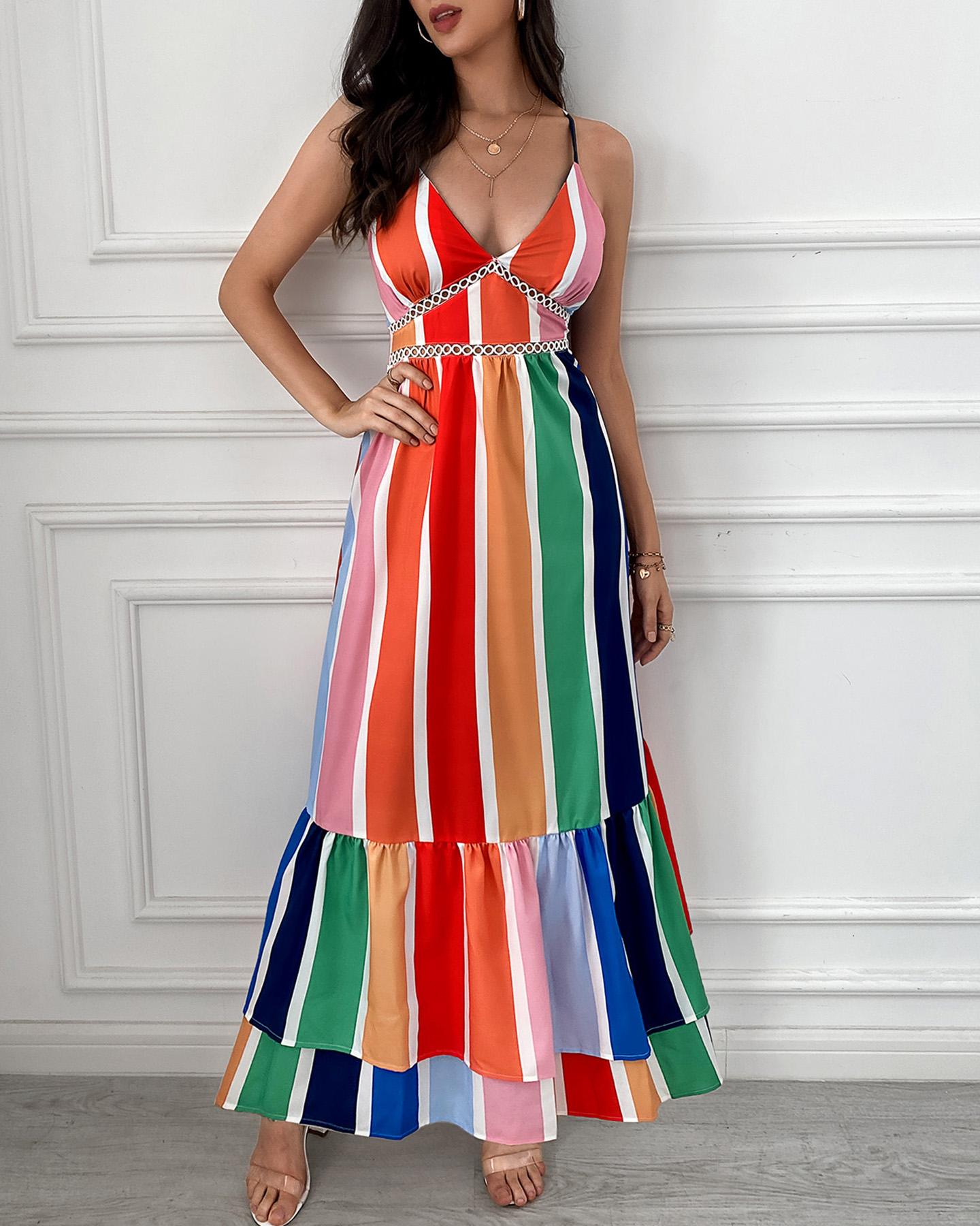 

Rainbow Colorblock Strap Maxi A-line Dress, Multicolor