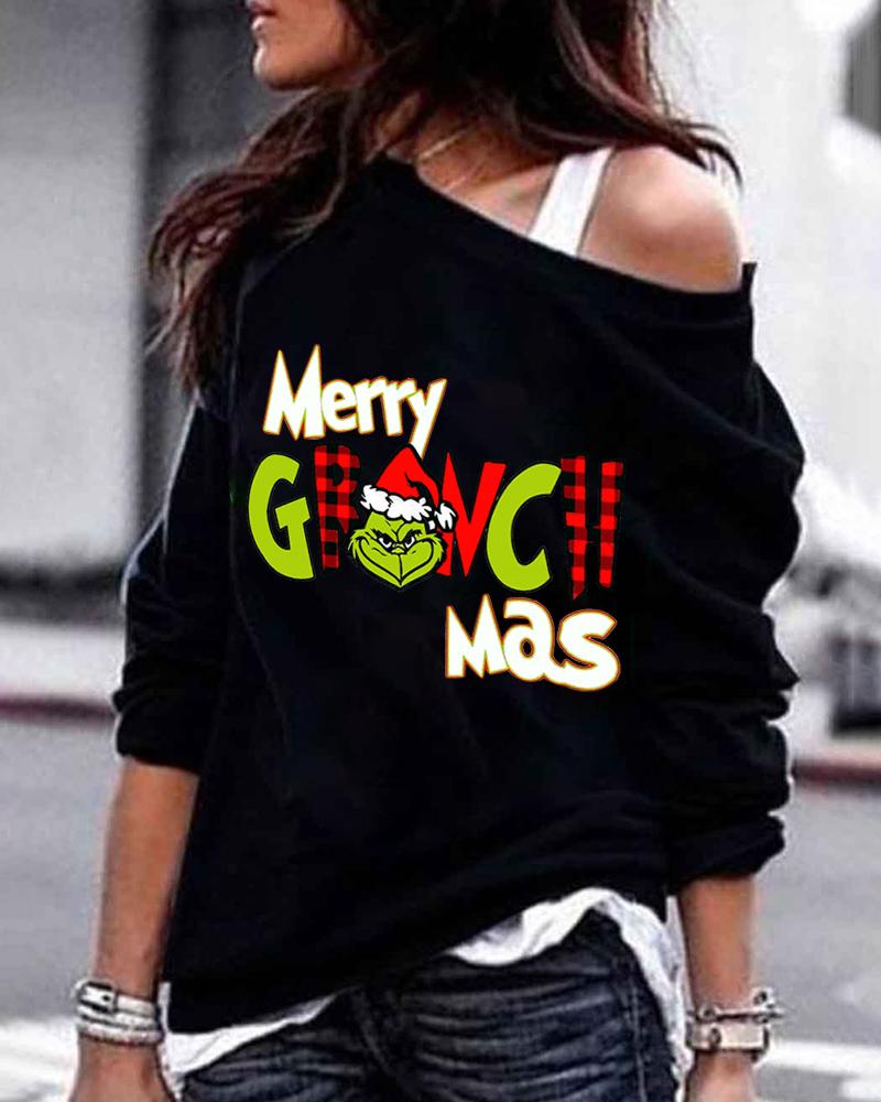 

Merry Christmas Graphic Print Long Sleeve Sweatshirt, Black