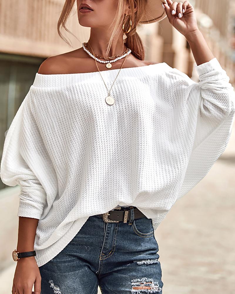 

Off Shoulder Casual Waffle Knit Top, White