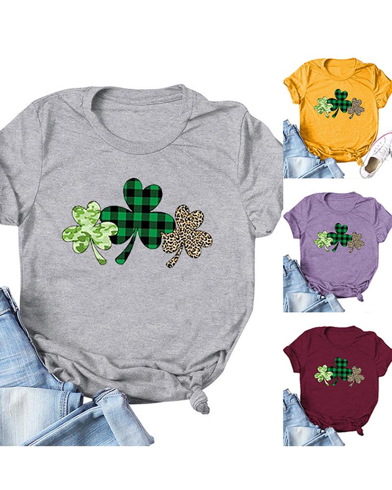 

St.Patrick' Day Clover Print Short Sleeve T-Shirt, White