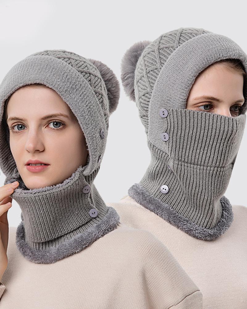 

Windproof Thermal Plaid Buttoned Pom Pom Knit Winter Hat With Neck Warmer, Gray
