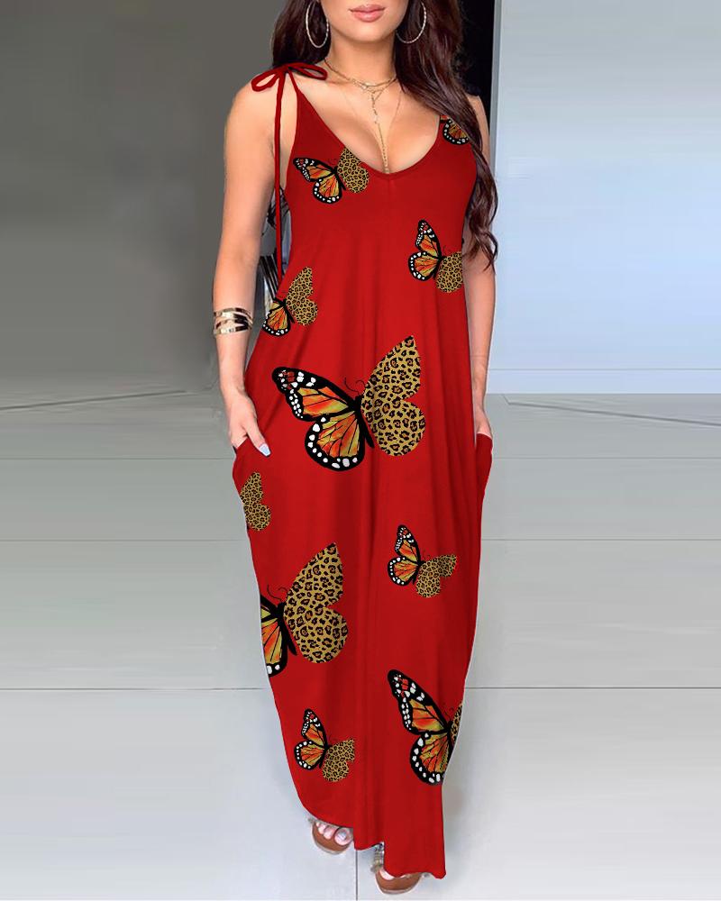 

Pocket Design Butterfly Cheetah Print Maxi Dress, Red