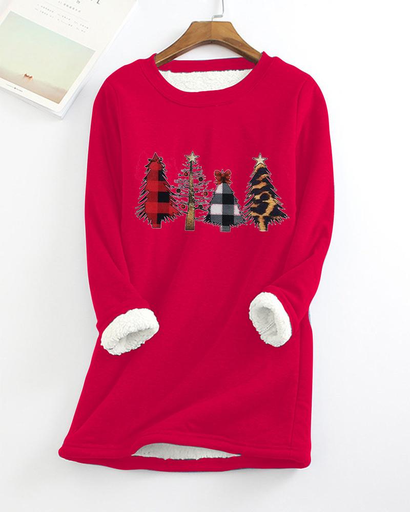 

Christmas Tree Print Thermal Warm Fleece Lined Sweatshirt, Red