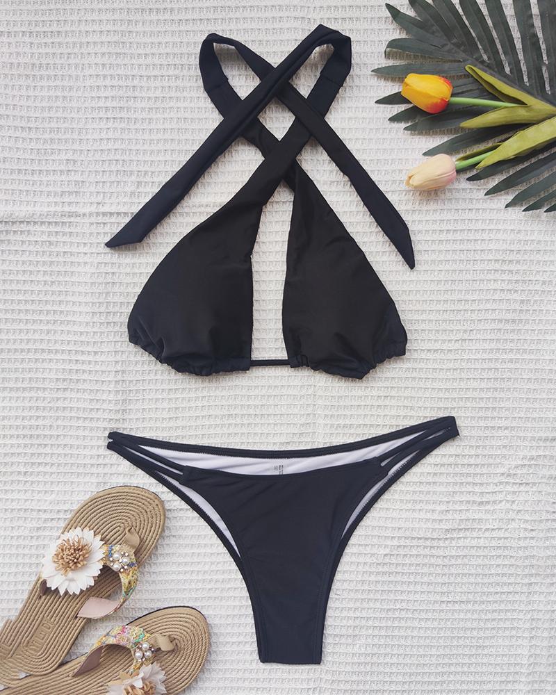 

Cutout Front Backless Halter Bikini Set, Black