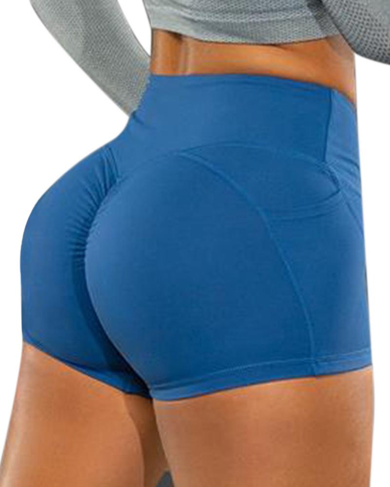 

High Waist Plain Butt Lifting Yoga Shorts, Blue