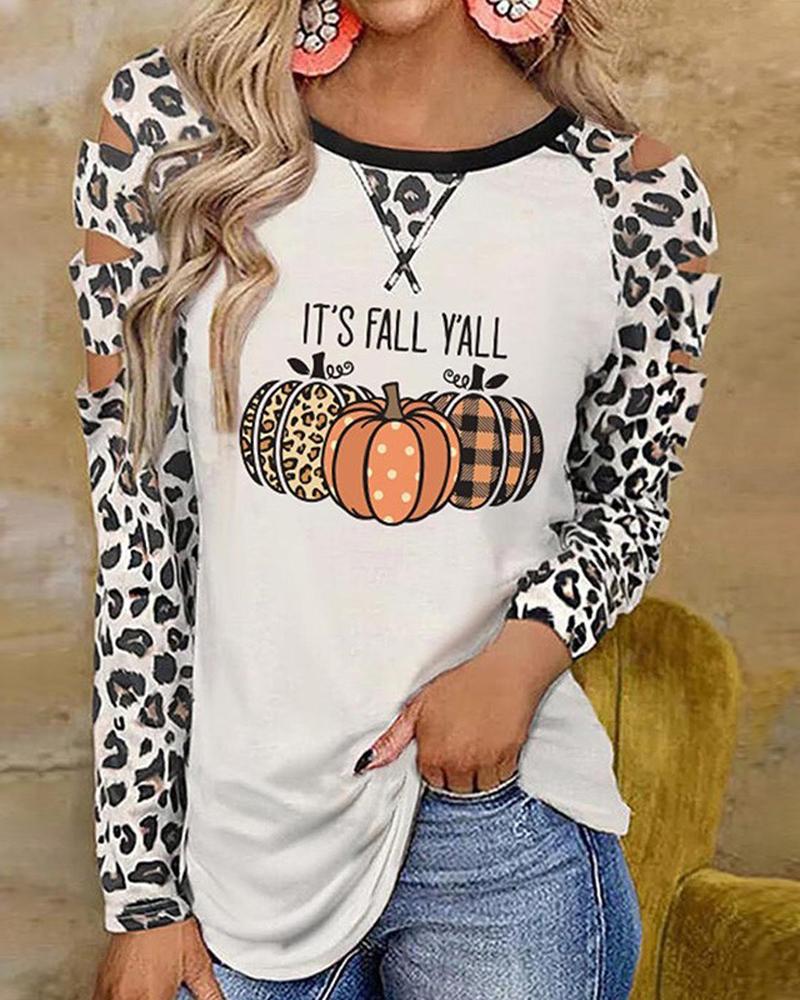 

Halloween Pumpkin Leopard Print Cold Shoulder Top, White